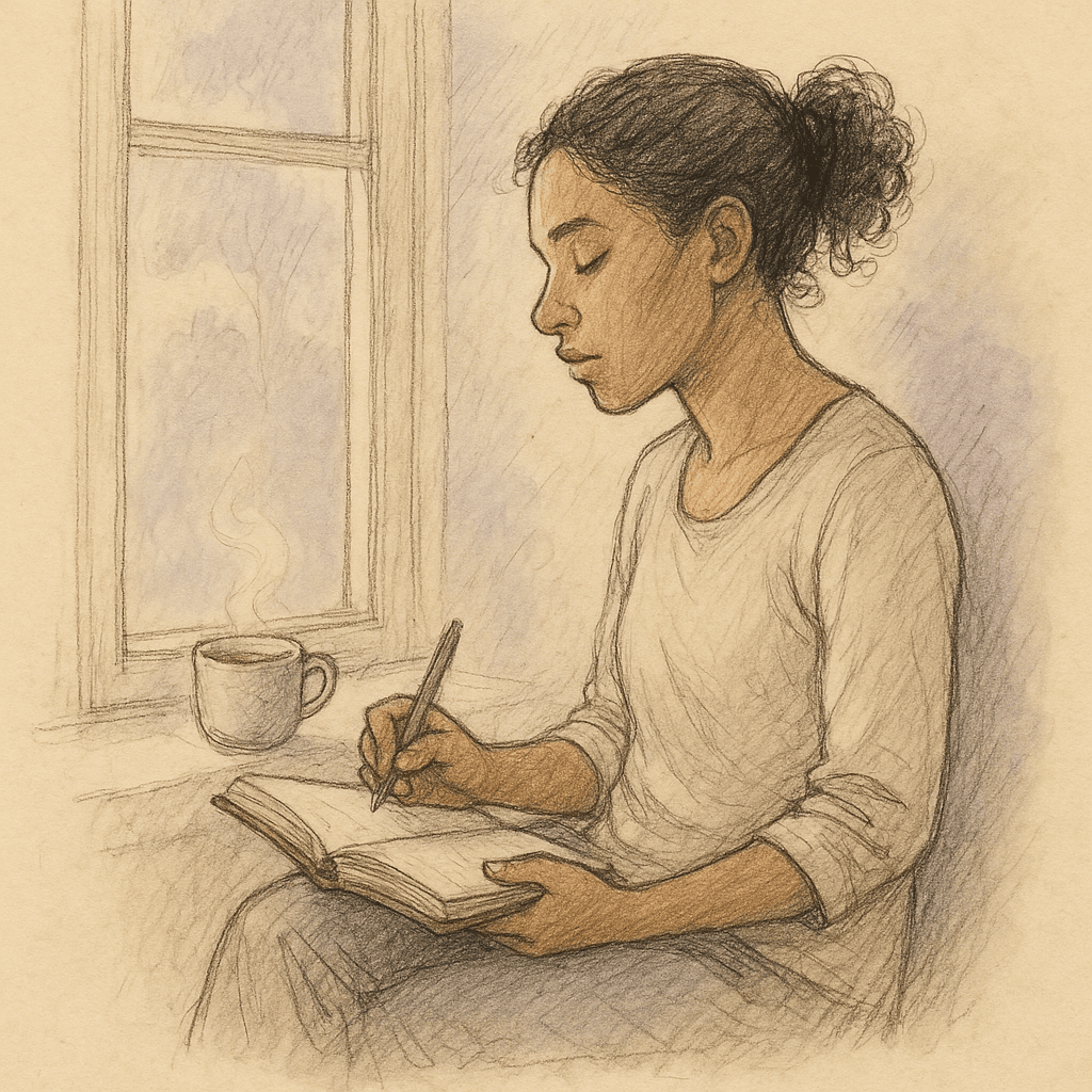 Hand-drawn illustration of a journal by a window β quiet reflection and self-knowing
