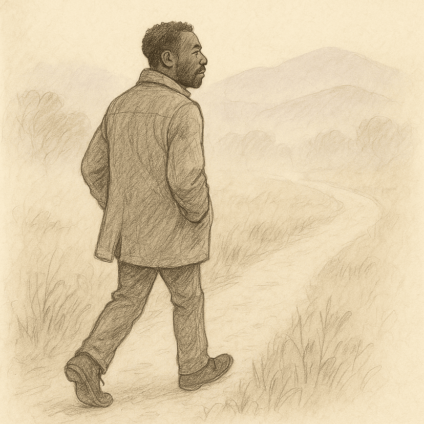 Quiet morning walk along a path through mist — gentle contemplation of the journey ahead